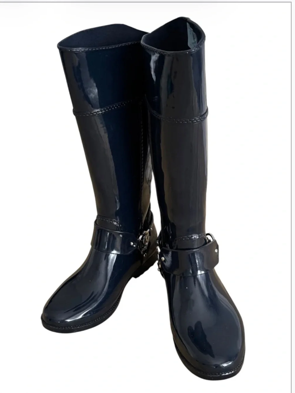 Michael Kors Fulton Harness Rain Boots Womens 9 Navy Glossy Tall Knee High MK